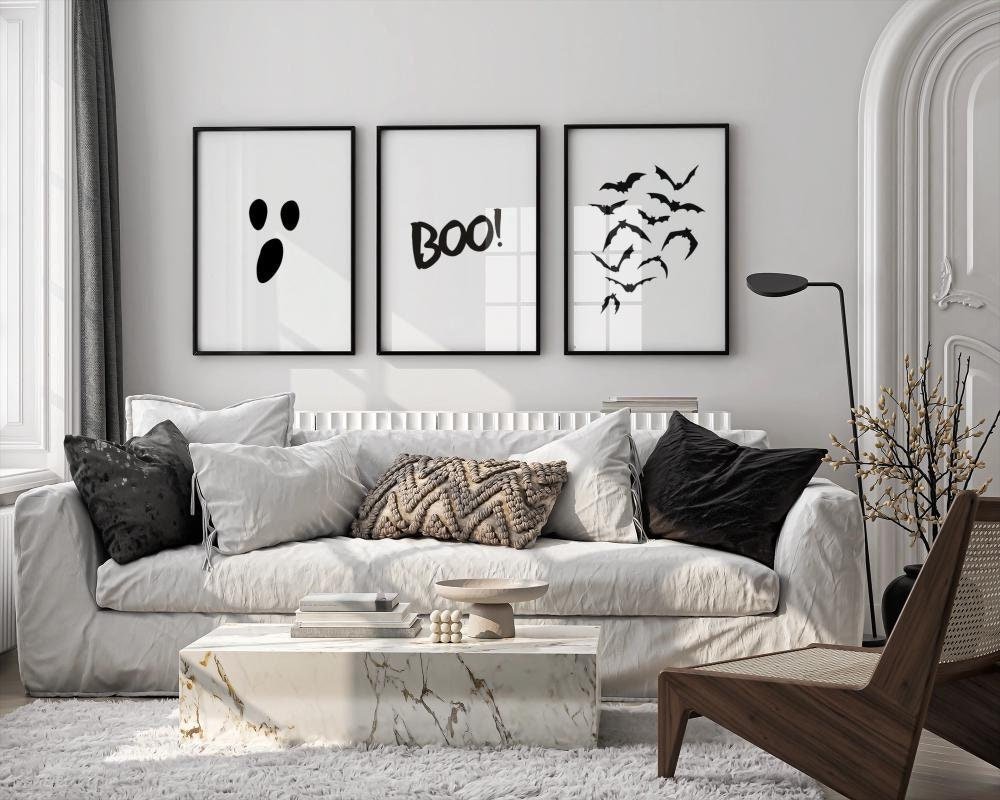 Minimalist Halloween Wall Art Set – Black and White Halloween Prints, Ghost, Bats, BOO! Digital Download, Modern Halloween Decor – Set of 3