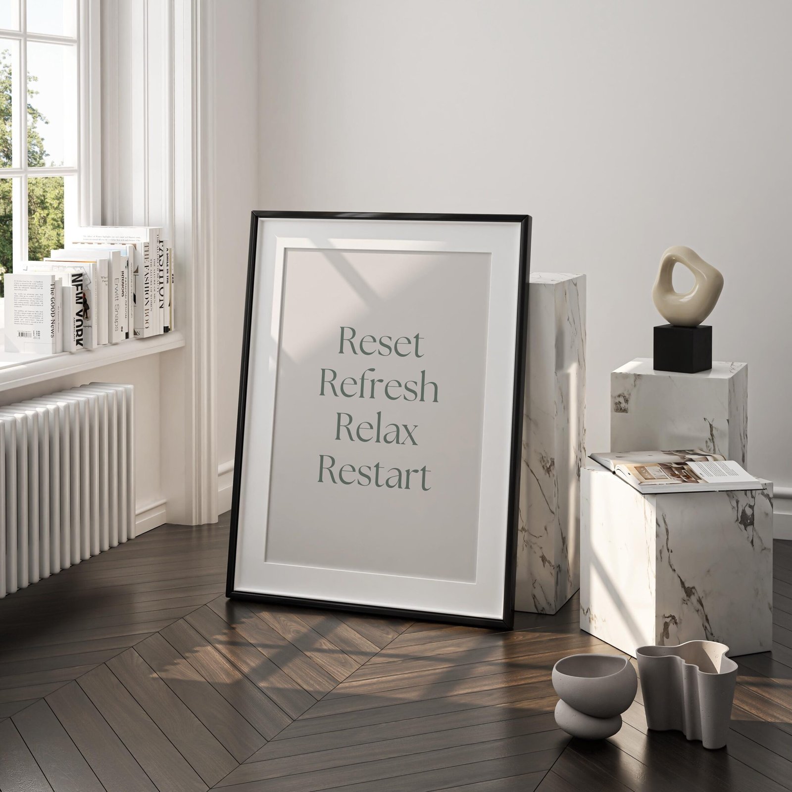 Reset Refresh Relax Restart | Minimalist Motivational Wall Art | Modern Office Decor | Digital Download Spa/Salon/Resort/Hotel Bath Art