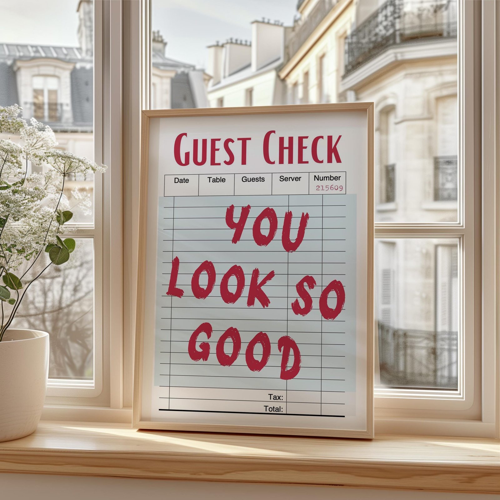 Guest Check You Look So Good Print, Restaurant Inspired Poster, Preppy Wall Art Decor Retro Bar Cart, Trendy Beige Printable Art, Maximalist