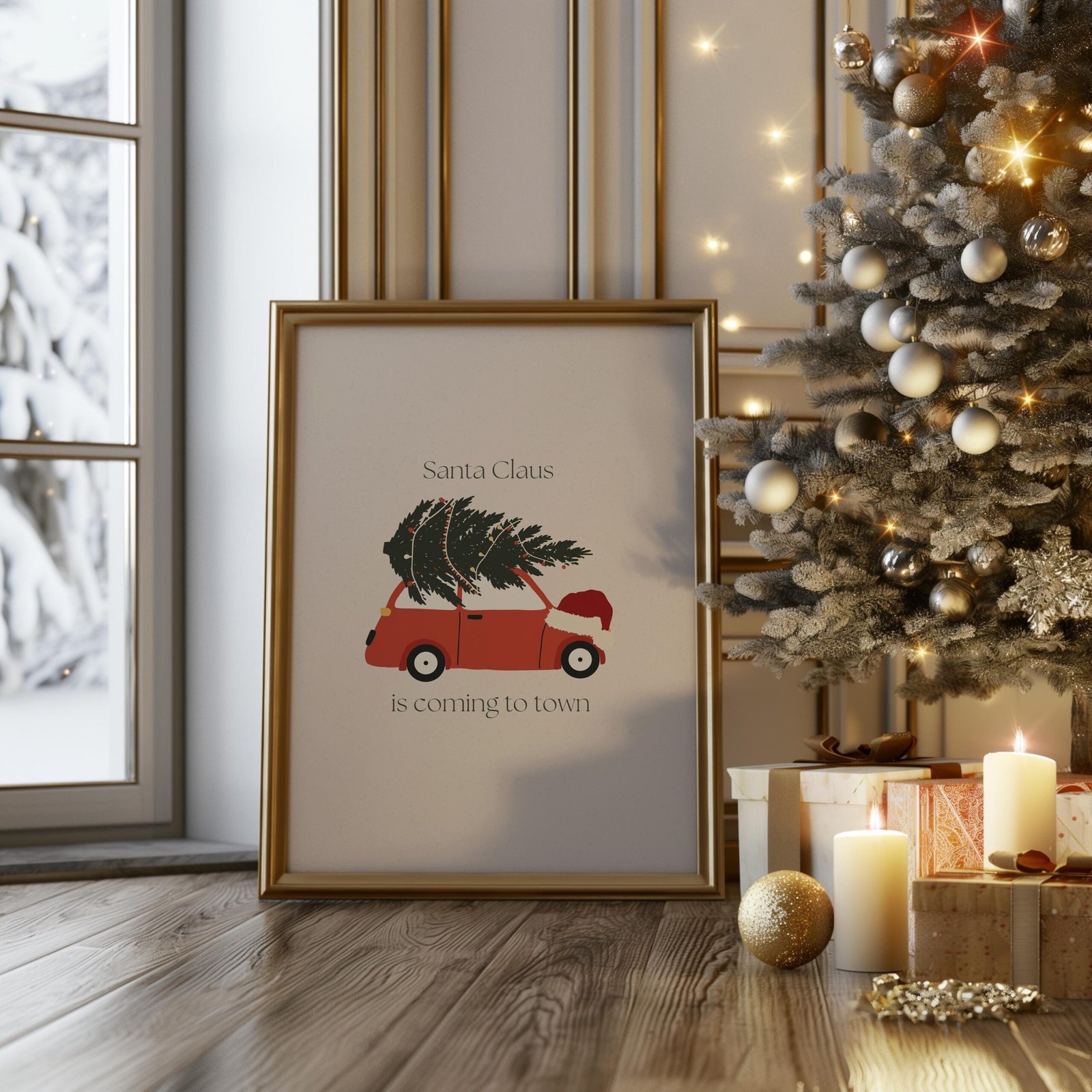 Santa Claus is Coming to Town | Christmas Wall Art Print | Red Car Holiday Decor | Festive Tree | Christmas Printable Art | Xmas Print