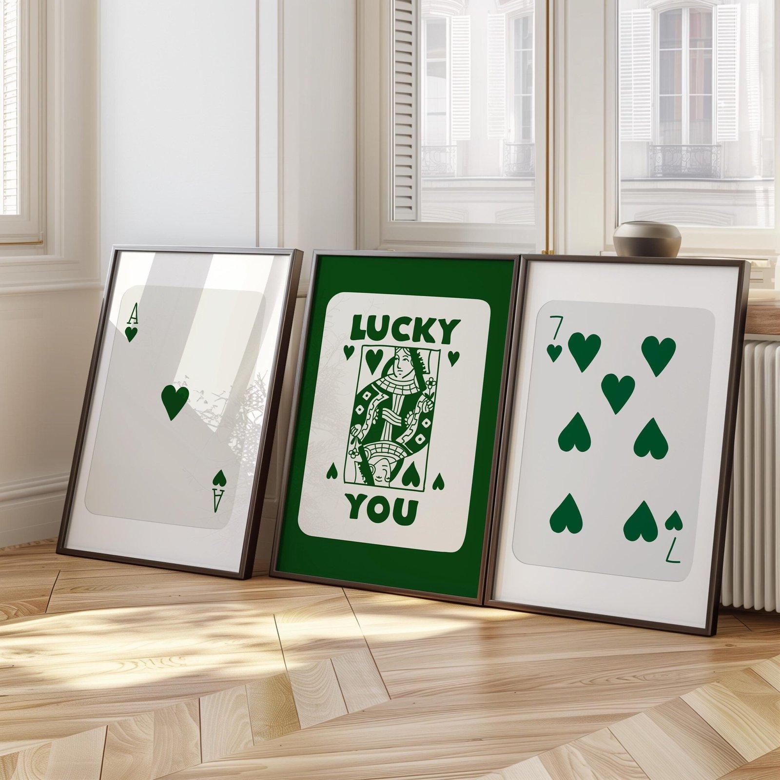 Lucky You Playing Card Wall Art Set | Green Playing Card Print | Vintage-Inspired Wall Decor | Ace and Seven of hearts Wall Art, Wall Decor