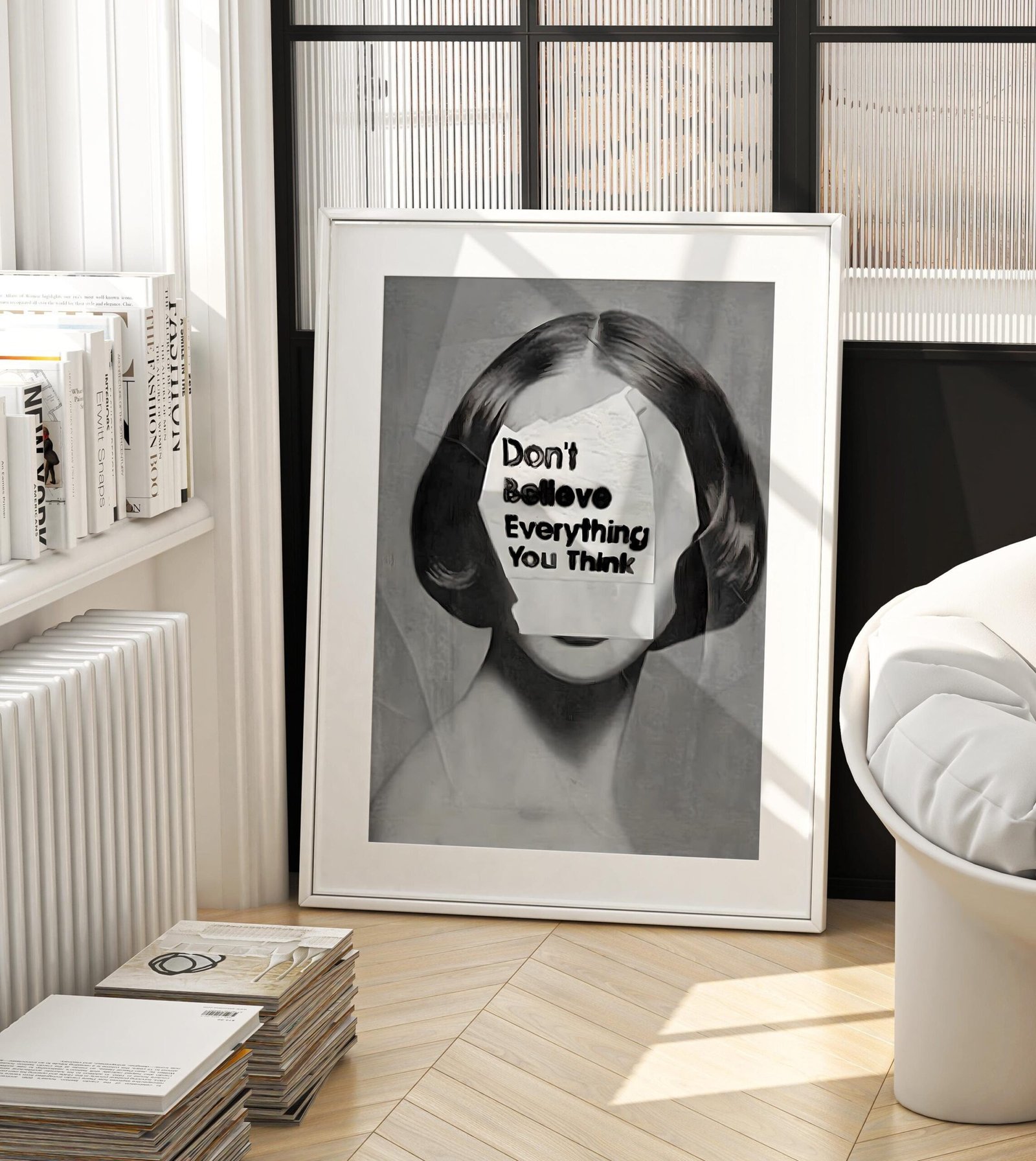 Modern Minimalist Black & White Poster – ‘Don’t Believe Everything You Think’ – Inspirational Art Print – Elegant Interior Decor