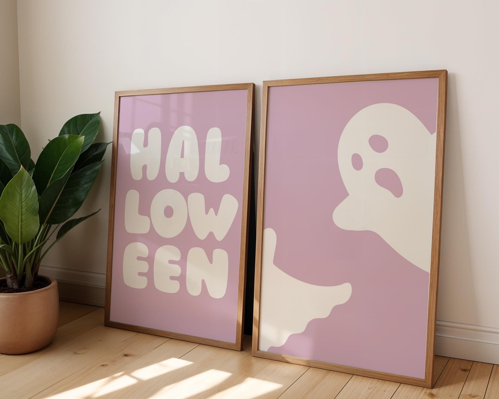 Halloween Ghost Wall Art Set of 2 | Pastel Pink Halloween Decor | Minimalist Halloween Printable Art | Dorm Room Decor | Spooky Ghost Art