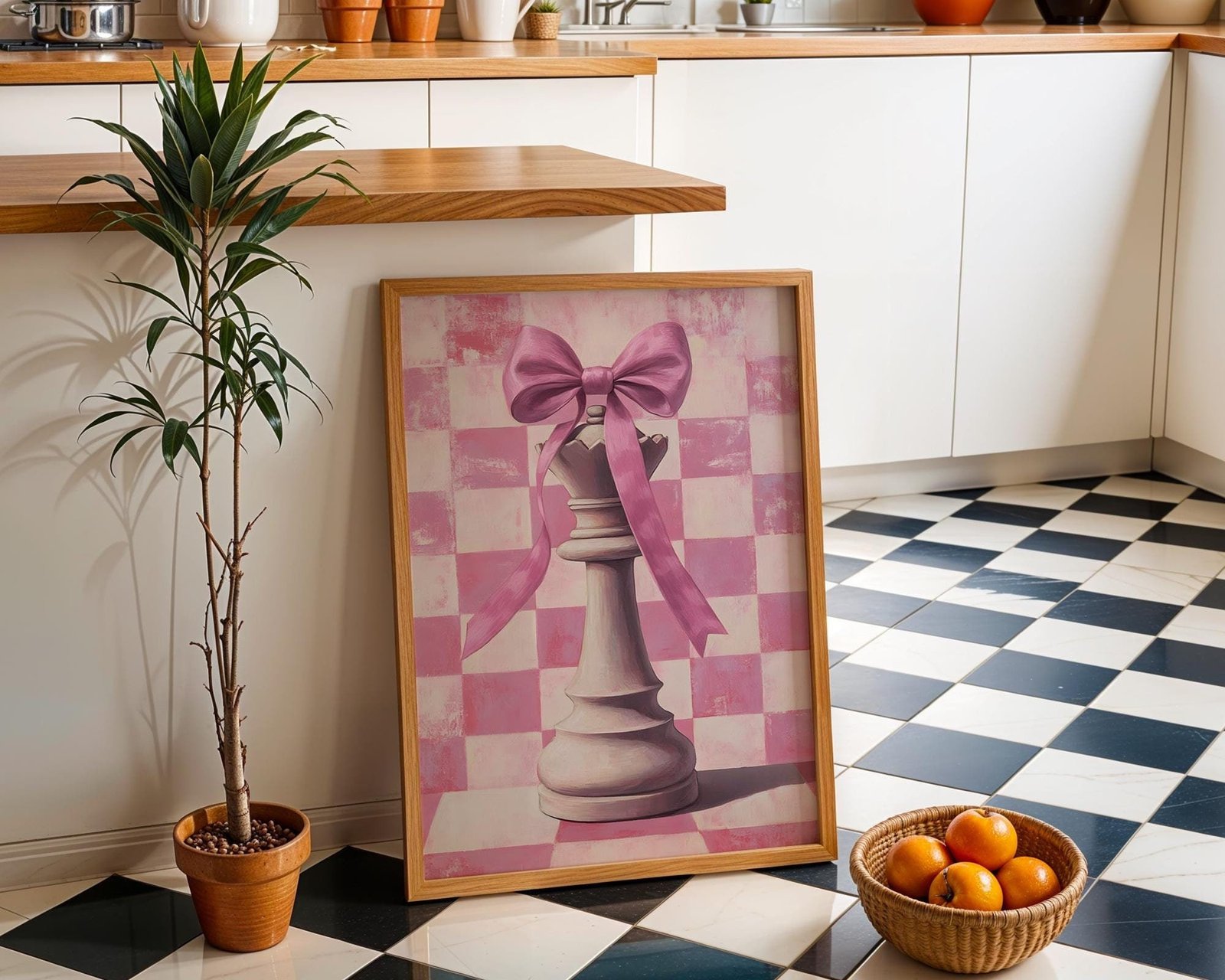 Pink Queen Chess Piece Wall Art | Checkered Aesthetic Poster | Preppy Room Decor | Trendy Dorm Wall Art | Vintage Pink Chess Art | Printable