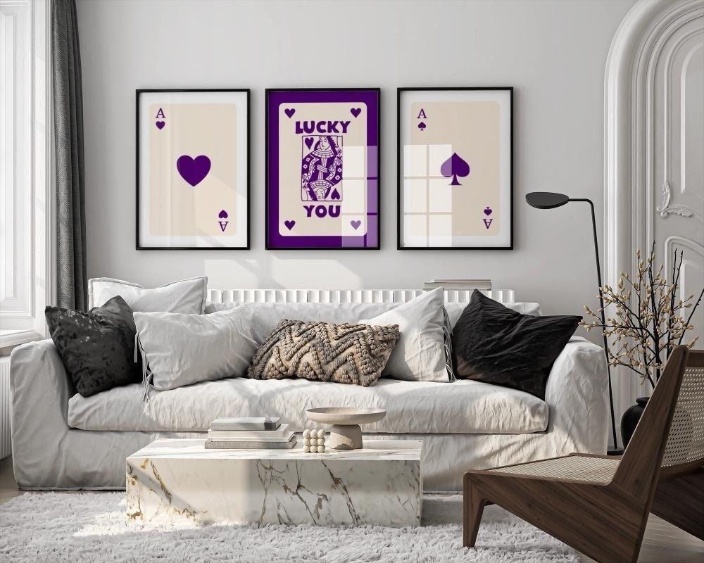Purple Lucky You Wall Art Set Of 3 Retro Trendy Aesthetic Print Beige Ace Card Poster Dame Ace Poster Trendy Wall Art Funny Art DIGITAL