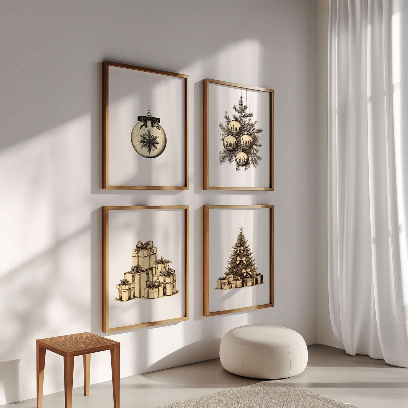 Set of 4 Christmas Wall Art Prints, Holiday Ornament, Gifts, Vintage-Inspired Gold-Toned Decor, Digital Download, Beige Christmas, Xmas Art