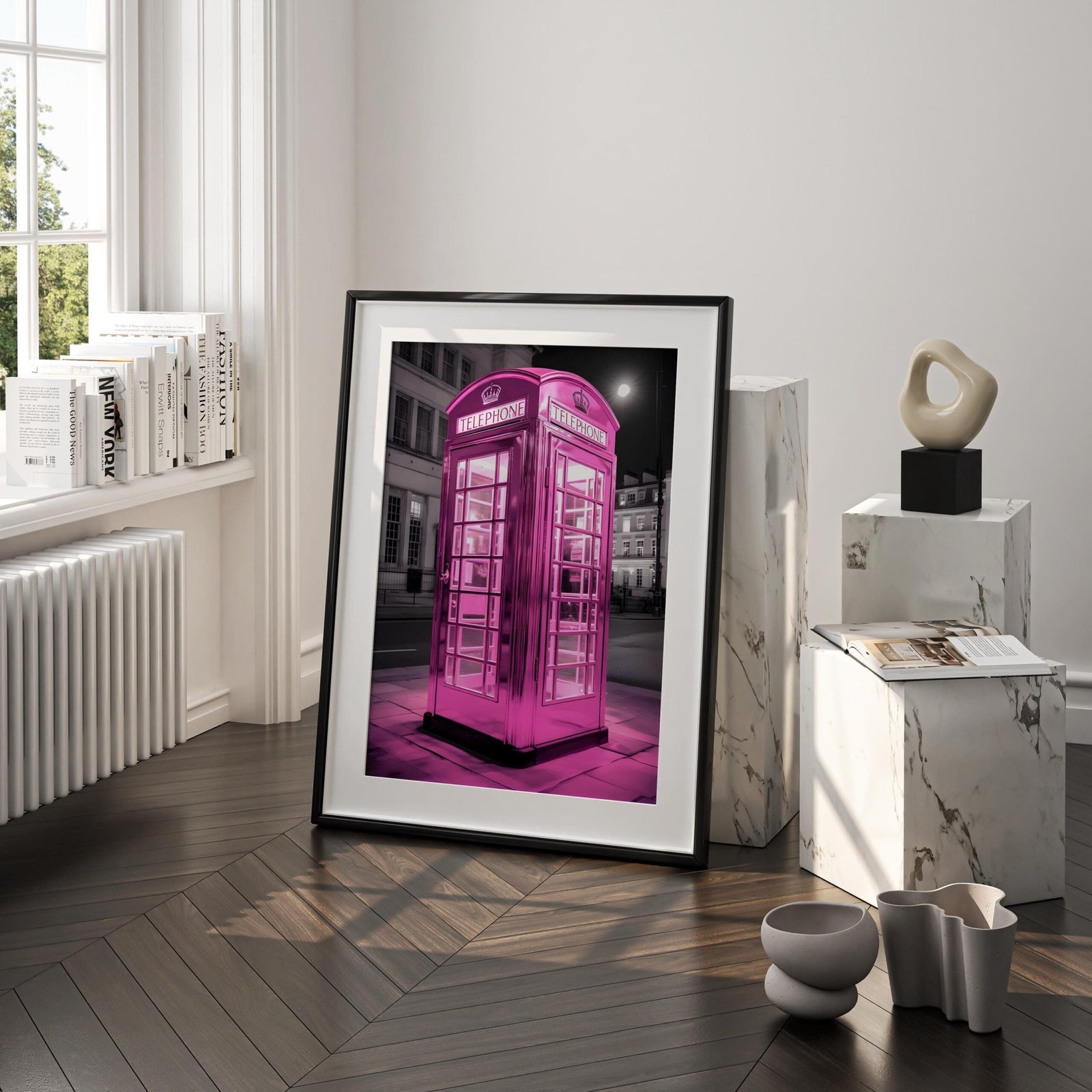 Pink Telephone Booth Print | Neon Pink London Phone Booth Wall Art | Urban Street Decor | Trendy Eclectic Wall Art | Digital Download
