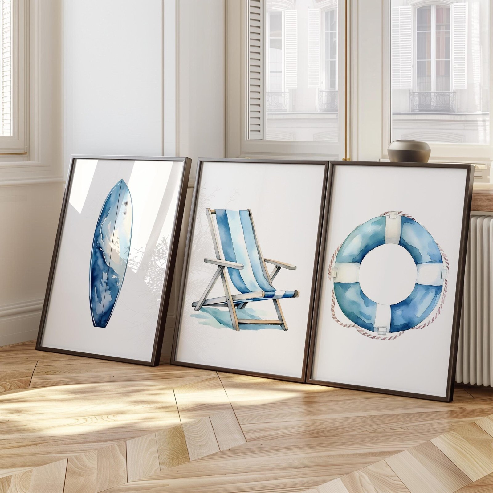 Set of 3 Nautical Beach Art Set | Surfboard, Beach Chair, Lifebuoy | Coastal Wall Art | Beach House Decor | Digital Download | PRINTABLE
