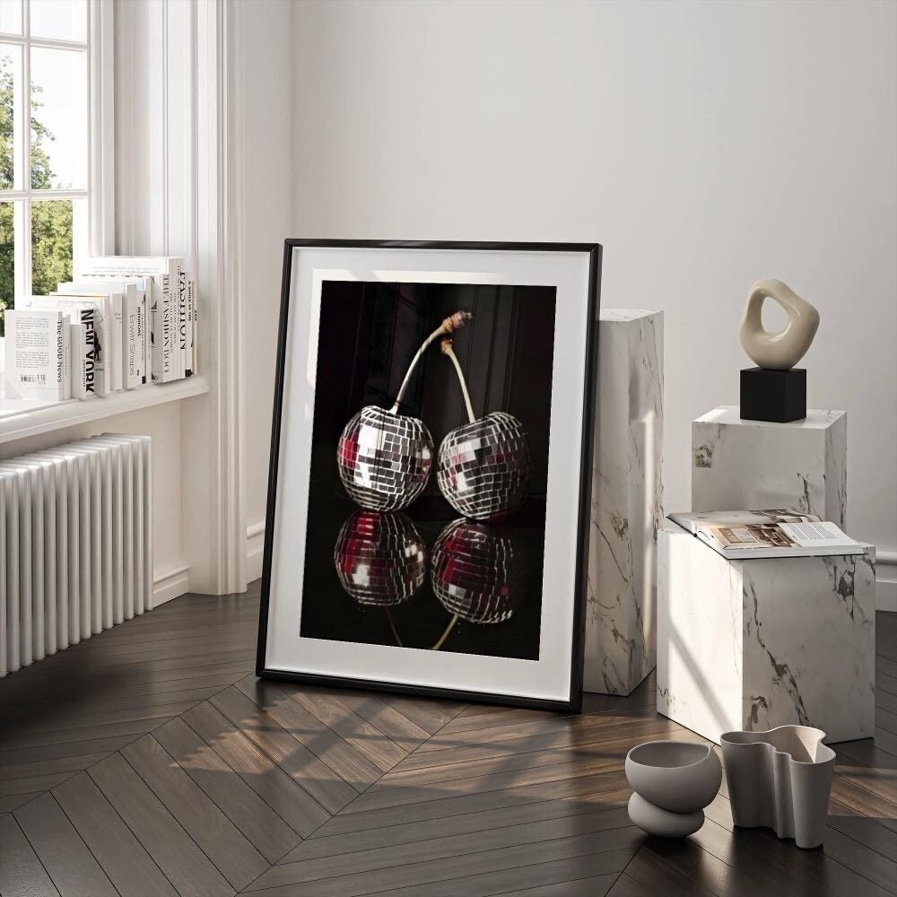 Disco Cherries Art Print | Wall Art Poster | Disco Ball Red Cherries | Vintage | Preppy | Trendy | Dorm Room Decor, Black Disco Cherry Print