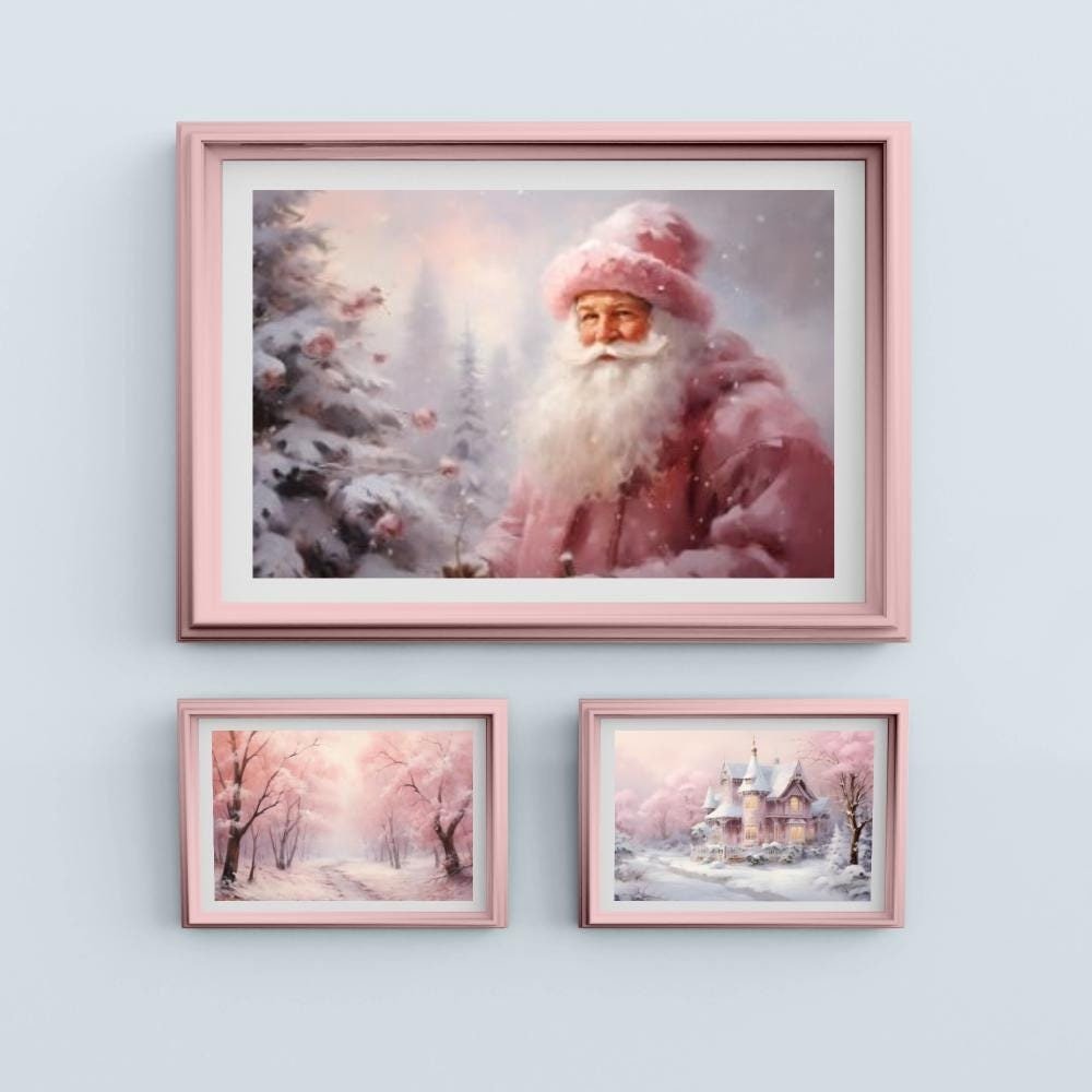 Pink Aesthetic Christmas Wall Art Set of 3, Holiday Wall Decor, Christmas Horizontal Art, Fairy Christmas Prints, Elegant Christmas Wall Art