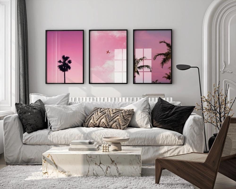 Pink Sky Tropical Wall Art Set – Palm Tree and Airplane Photography,Modern Bedroom Decor, Tropical Aesthetic Digital Download, Set of 3 Pink