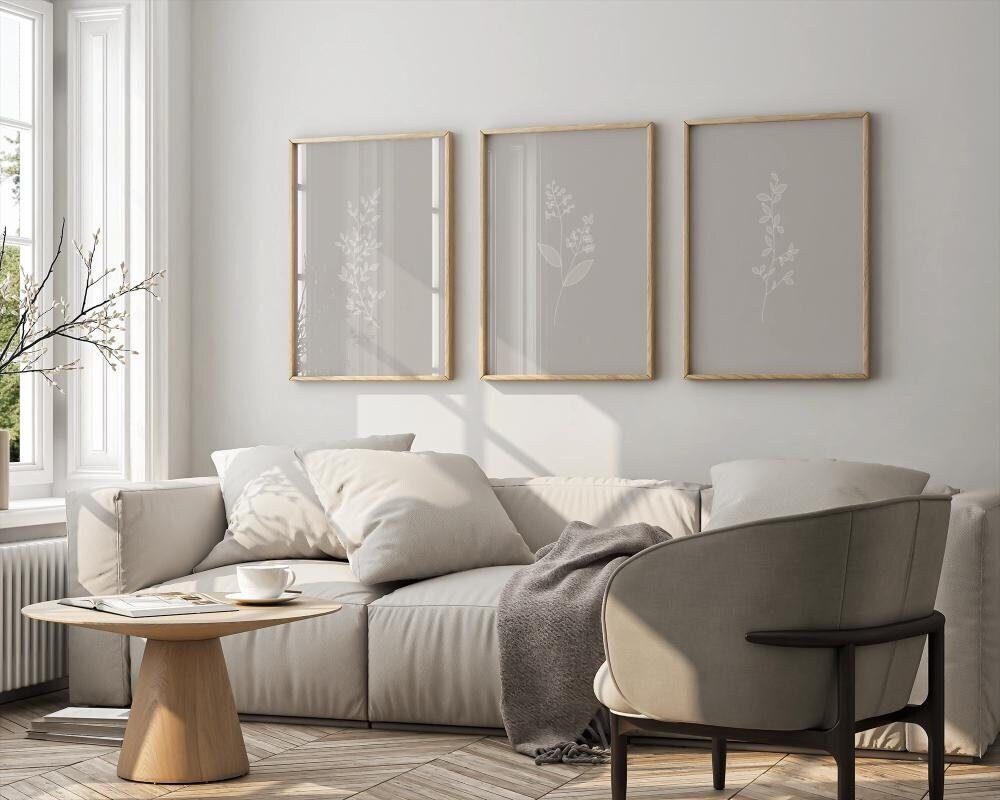 Beige Wall Art Set of 3 Neutral Botanical Line Art Plant Prints Minimalist Modern Living Room Home Decor Printable Art Instant Download